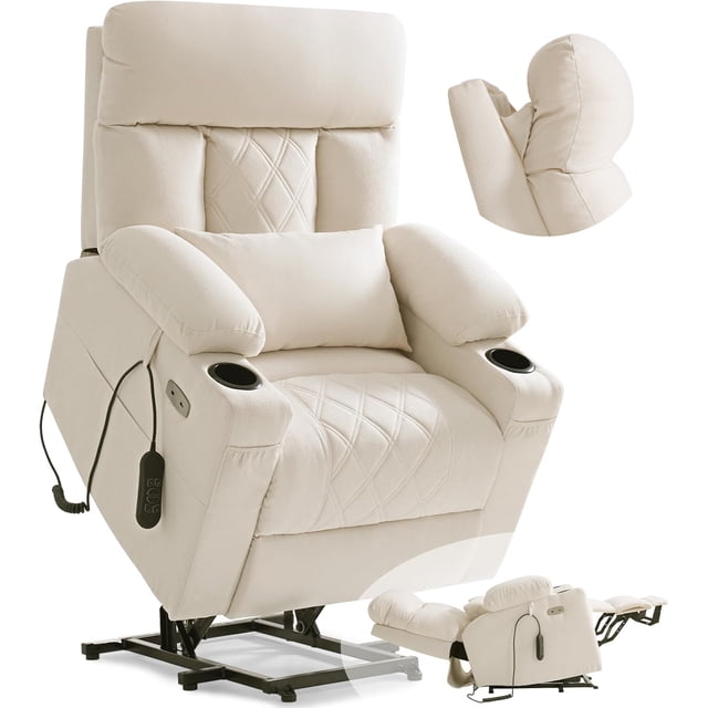 TEKAMON Power Lift Recliner Chair for Elderly - Adjustable Headrest, Three Motor, Infinite Positions, Built-in Massage and Heating, USB Ports, Cup Holders -Ivory Rice