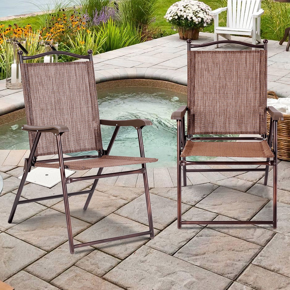 Gymax brown Set of 2 Folding Patio Furniture Sling Back Chairs Outdoors