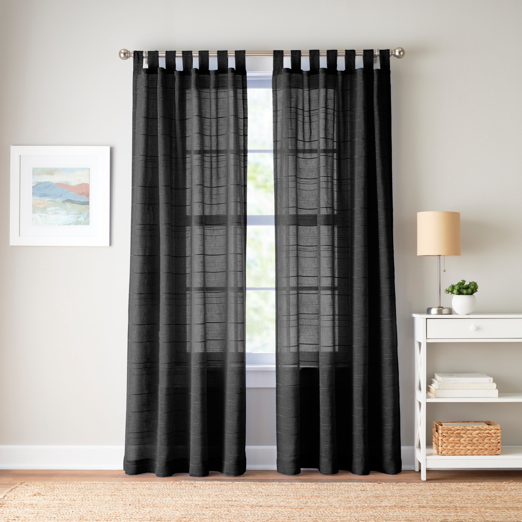 Mainstays Woven Stripe Sheer Tab Top Curtain, Single Panel, Black, 50" W x 84" L