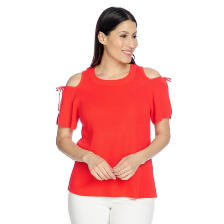 OSO Casuals Women's Sweater Knit Cold Shoulder Crew Neck Top in Cherry Red -