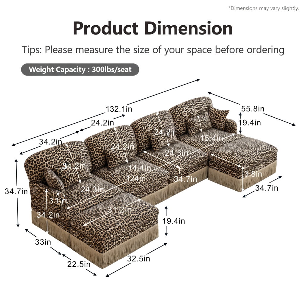 Hommoo 131" U-Shaped Modular Leopard Print Chenille Sofa Set with Tassel Trim, Movable Ottomans & Ergonomic Deep Seat Design, Living Room Sectional, khaki