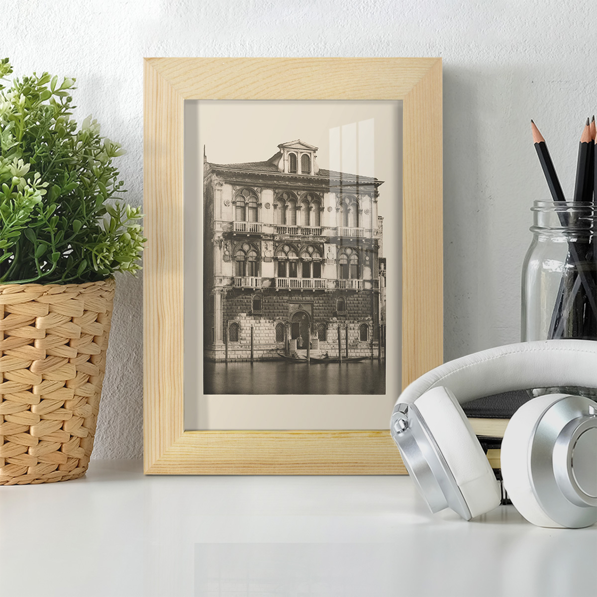 Vintage Views of Venice II - Framed Print w/glass - Natural Wood