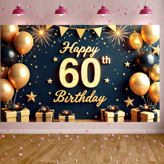 Golden Glitter Happy 60th Birthday Banner Dark Blue Background 60th Birthday Backdrop Sparkling Star Accent Luxury Gift Box Decor 60th Party Banner for 60th Birthday Party Adult Milestone
