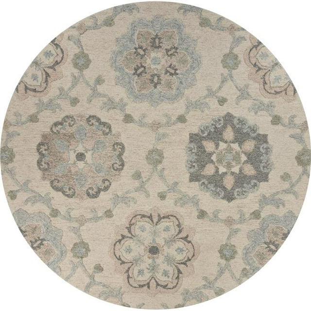 LR Resources VICTO81584IVO73RD 7 ft. x 3 in. Round Delicate Traditional Floral Area Rug, Ivory & Light Blue