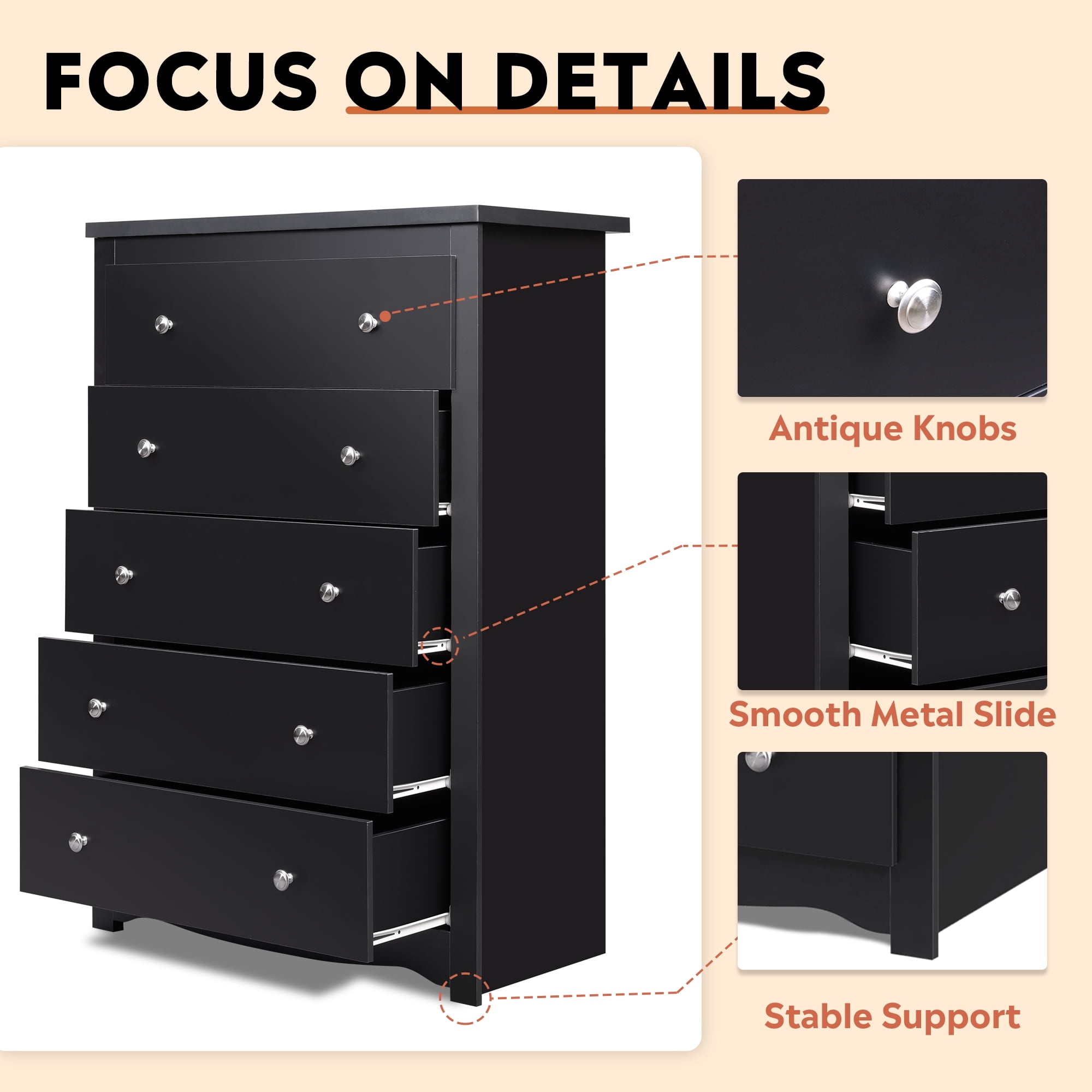 GALAXHERO 5 Drawer Dresser for Bedroom, Retro Wood Chest of Drawers, Tall Dresser with Round Metal Handle for Living Room, Hallway, Closet, Black