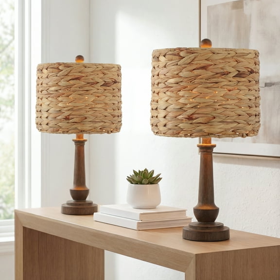 JONATHAN Y Leona 21.25" Rustic Farmhouse Handwoven Water Hyacinth/Resin LED Table Lamp, Brown Wood Finish (Set of 2), JYL4052A-SET2
