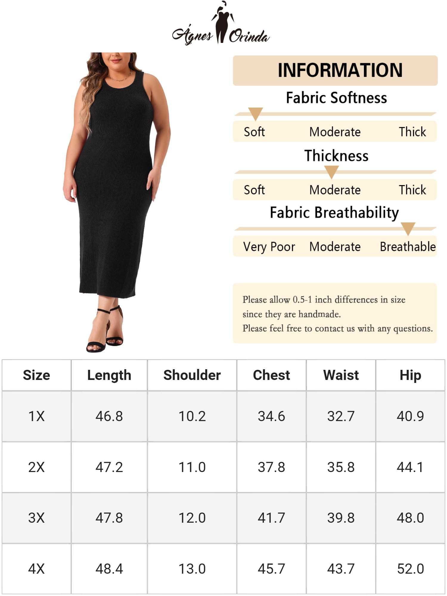 DARING DIVA Plus Size Sweater Crew Neck Sleeveless Midi Tank Dress 1X Black