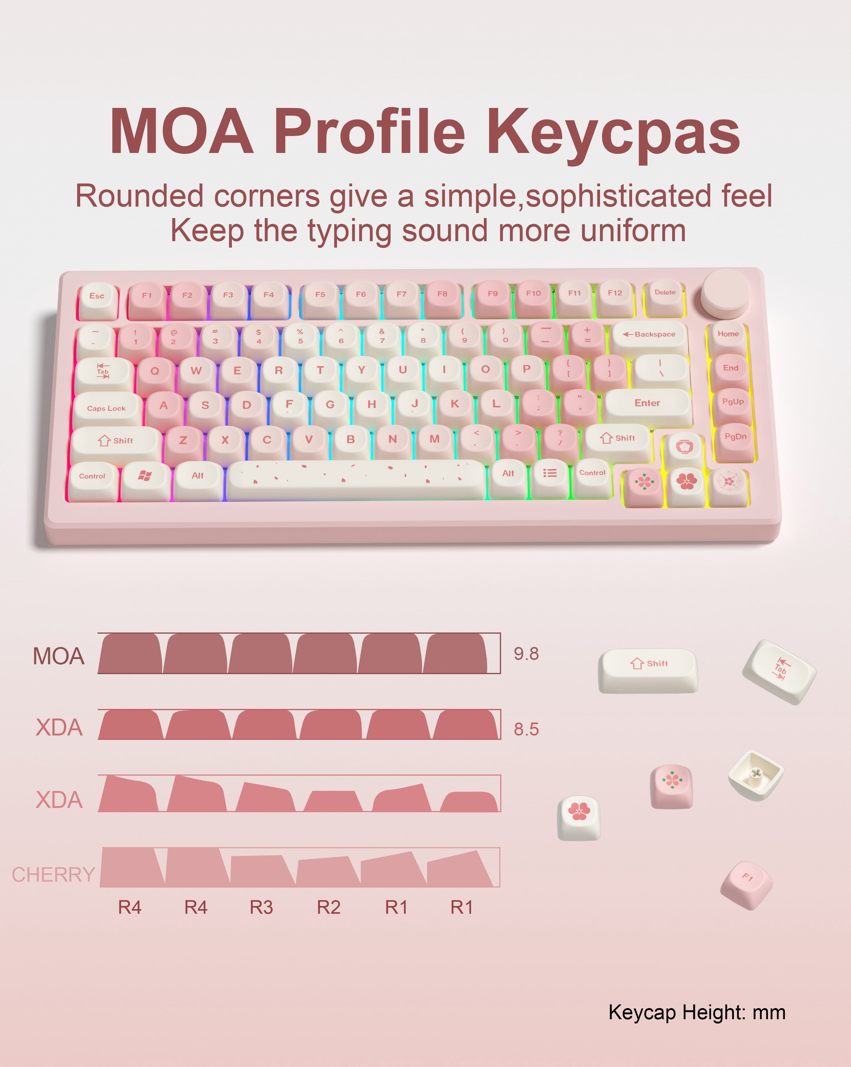 COSTOM Cute Pink Sakura Custom Keycaps, 133 Keys Dye-Sublimation PBT Keycaps, MOA Profile Key caps Set for 61/68/84/87/98/100/104 Cherry MX Mechanical Keyboard
