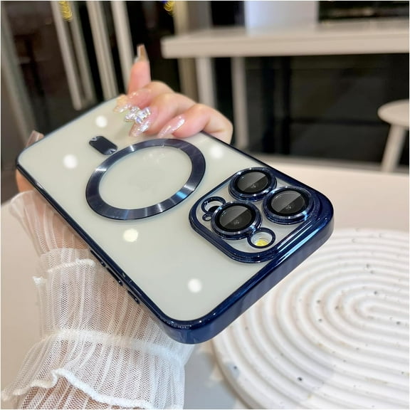 KOMI Magnetic Case for iPhone 15 Pro Max Case with Full Camera Lens Protector [Strong N56 Magnets] [Compatible with Magsafe] Clear Stylish Case for iPhone 15 ProMax Phone Case, A-Blue Titanium