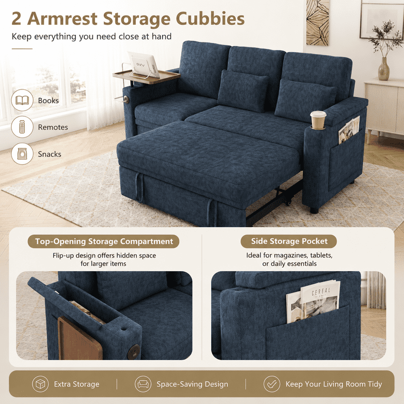 3-in-1 Convertible Sofa Bed, 3-Seater Chenille Couch with Adjustable Backrest, USB Charging Ports, Table Board and Storage Armrests, 81'' Foldable Sleeper Sofa for Living Room