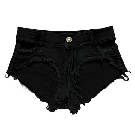Gubotare Womens Jean Shorts  Women Sexy Cut off Low Waist Stretch Mini Denim Shorts with Hole Thong Jeans Hot Pants Black M