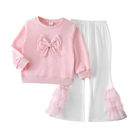 REDARER Girls Winter Outfits Sets Long Sleeve Round Neck Top with Big Bow and Mesh Bottom Pants Toddler Clothes,Kids Clothing,Size:4-5 Years