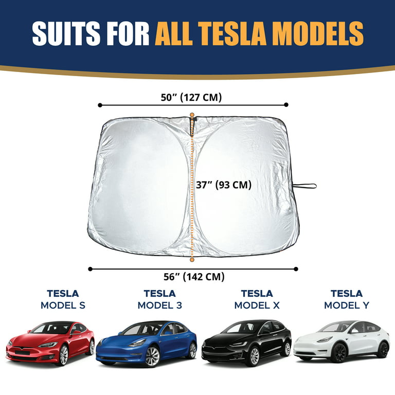 EcoNour Tesla Windshield Sunshade with Storage Pouch for Tesla Model 3,  Model Y, Model S, Model X (56x37)