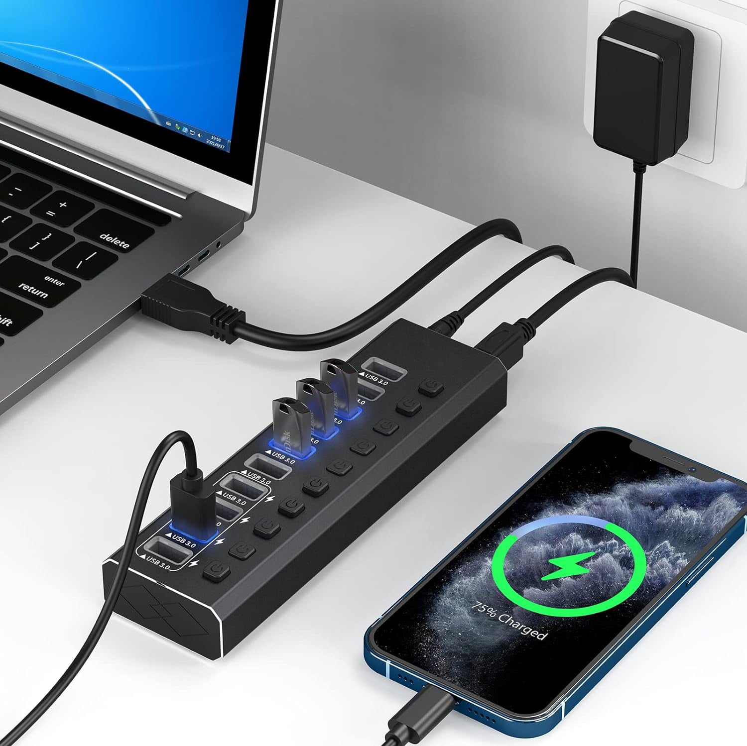 AUBEAMTO  16-Port Powered USB3.0 Hub, USB3.0 Hub [Durable Aluminum] 16Data Transfer Ports+ 4 Smart Charging Ports with Individual On/Off Switches, USB Hub 3.0 Powered with Power Adapter for Laptop PC