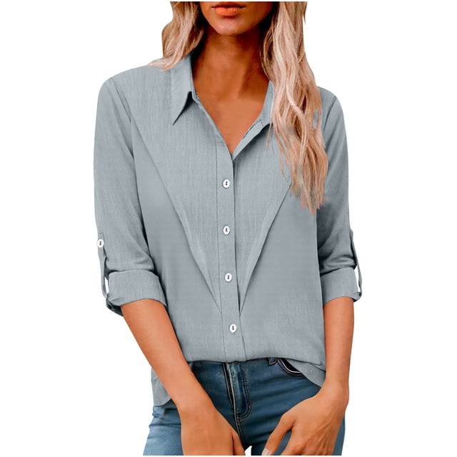 Camisas de Manga Larga para las Mujeres Loose Fit Botón de Solapa Imitación Lino Túnica Blusa de Verano