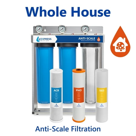 - Express Water Whole House Water Filter – 3 Stage Anti Scale Home Water Filtration System – Sediment, Phosphate, Carbon Filters – includes Pressure Gauges, Easy Release, and 1” Inch Connections