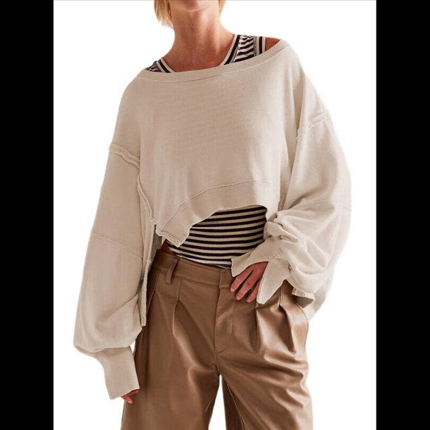 Sudadera Corta para Mujer, Cuello Redondo, Larga, Talla Grande, Otoño-Invierno 2025, Estilo Jersey Holgado. Crema M