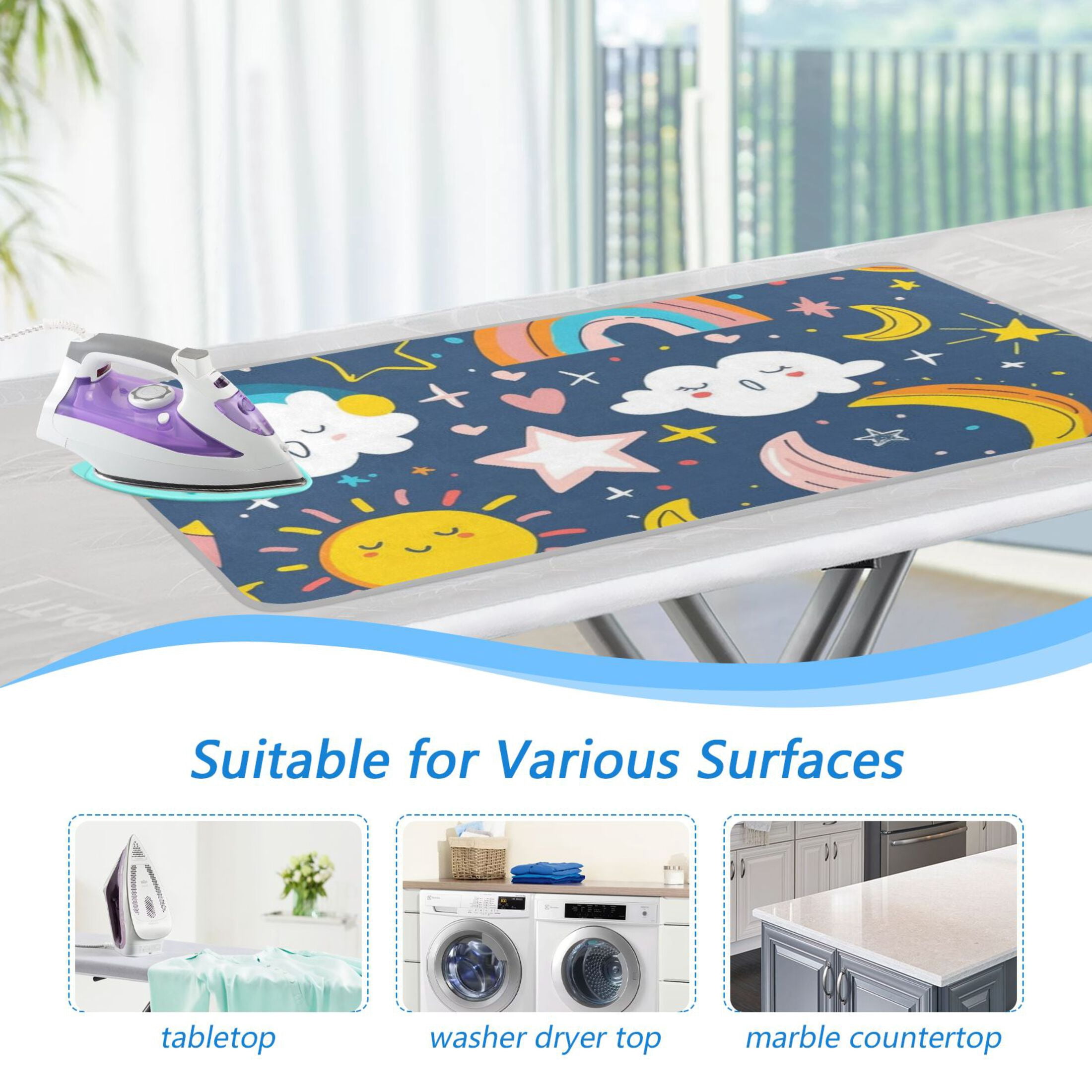 Moon Sun Clouds Rainbows Stars Ironing Mat Blanket Portable Travel Ironing Pad Heat Resistant Pad 47.2" x 27.6”