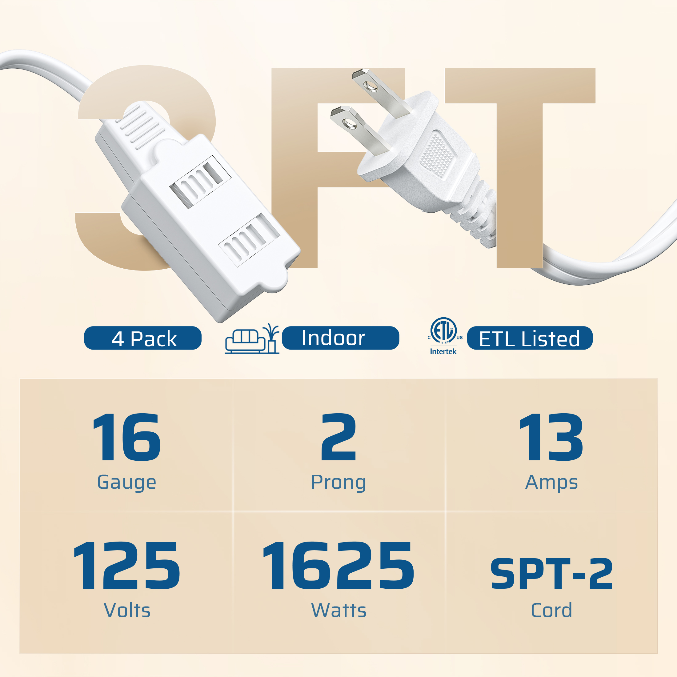 Dewenwils 3ft Indoor Extension Cords, 4 Pack, 3 Outlets photo 3