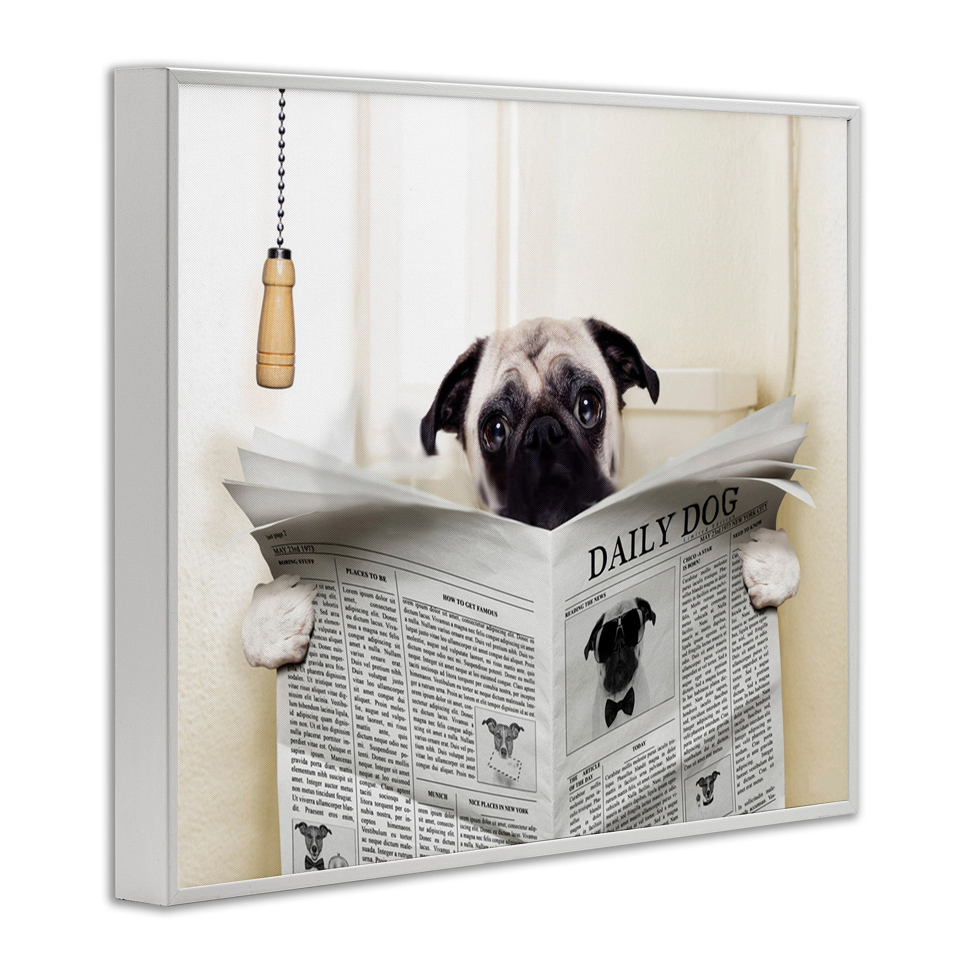 Stupell Industries Pug Reading Newspaper in Bathroom, 24 x 30,Design by In House