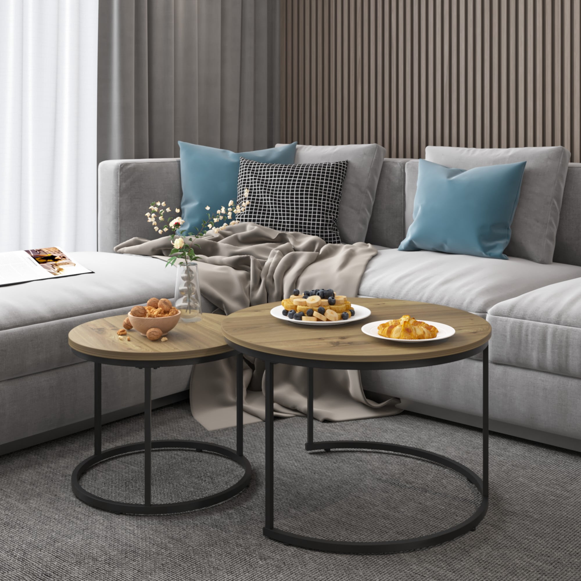 Coffee Table Set of 2,27.6 inch Round Coffee Table with Sturdy Metal Frame,End Table Side Tables for Living Room Bedroom,Brown