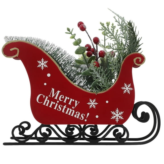 ORDDIART Indoor Sleigh Decoration 1Set Red Iron Xmas Sleigh with Simulation Plant for Holiday Season