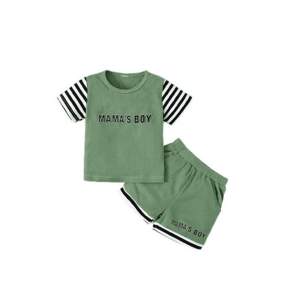 Mikrdoo Summer Outfits For Toddler Boys Letter Graphics 4 Years Boys Splice Stripe Tee 5 Years Boys Elastic Shorts 2Pcs Clothes Set Green