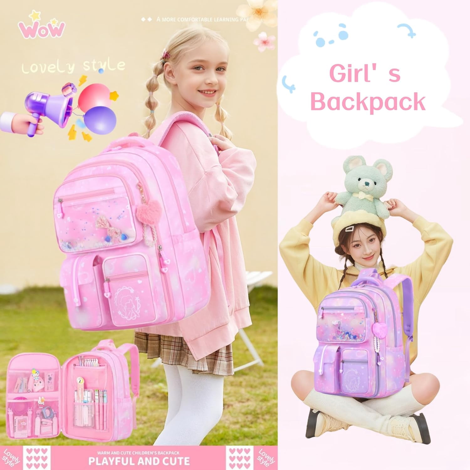 Gmdisc School Backpacks for Girls, Kids Fashion School Bookbag Girls School Bags Gifts-Pink