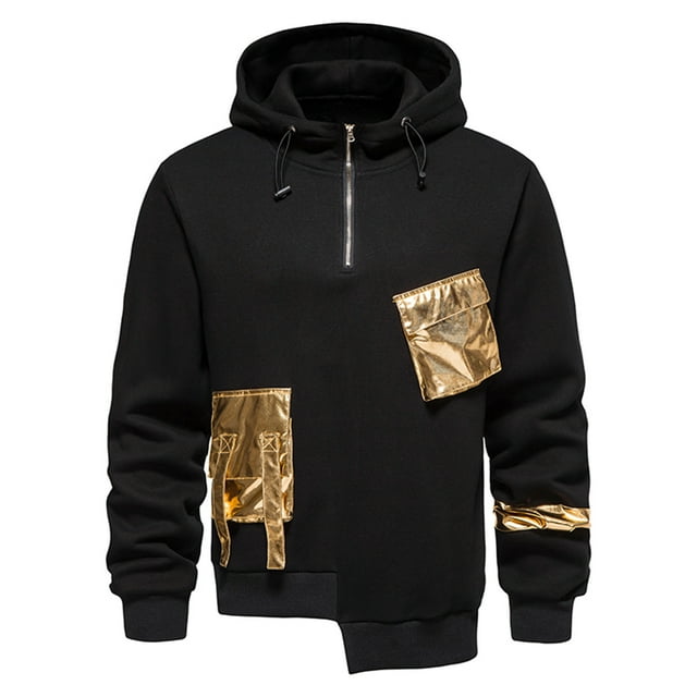 Sweat à Capuche Hommes Mode Décontractée Patchwork Pull Style Métal Poche Foncé Demi-Zip Manches Longues Ourlet Irrégulier Sweat à Capuche Blouse