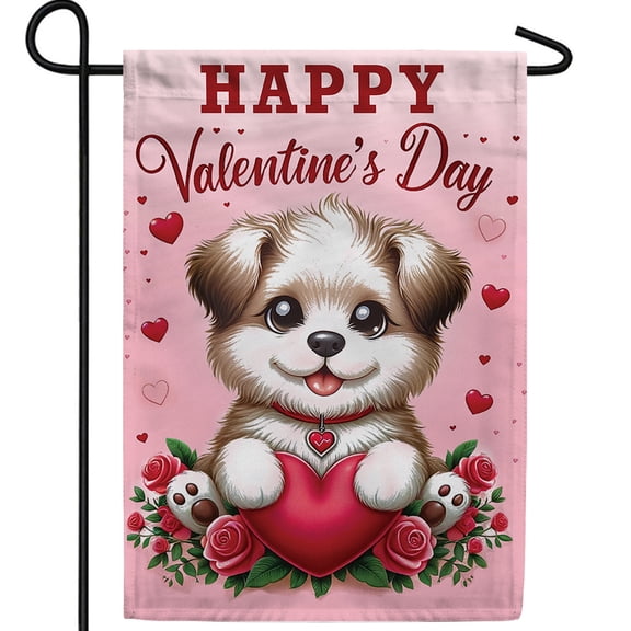 America Forever Puppy Love Valentine's Greeting Garden Flag, 12.5 x 18 inch Double Sided, Happy Valentine's Banner, Dog Heart Roses Decorations, Yard Flag