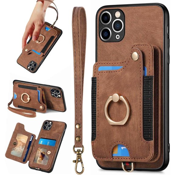 11 Pro Max Case,Card Holder Wallet Stand for iPhone 11 Pro Max Cases,Ring Holder,RFID-Blocking,Wrist Strap,Camera Protector,Leather Shockproof Protective Magnetic Flip Cover Cases (Brown)