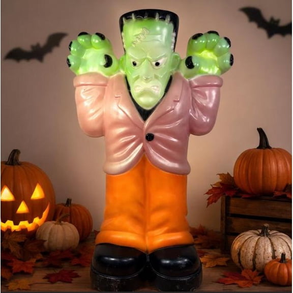 7.87 Inch Light Up Halloween Frankenstein Yard Decor, Weather Resistant Vintage Blow Mold for Outdoor Lawn Porch Walkway Halloween Party Decoration