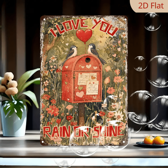 Bird Tin Sign, I Love You Rain Or ShineRetro Valentine's Day Wall Decor Remembrance Plaque, Gift for Girlfriend Wife, Indoor Outdoor Shop Home Garden Sign, 8 x 12 Inches