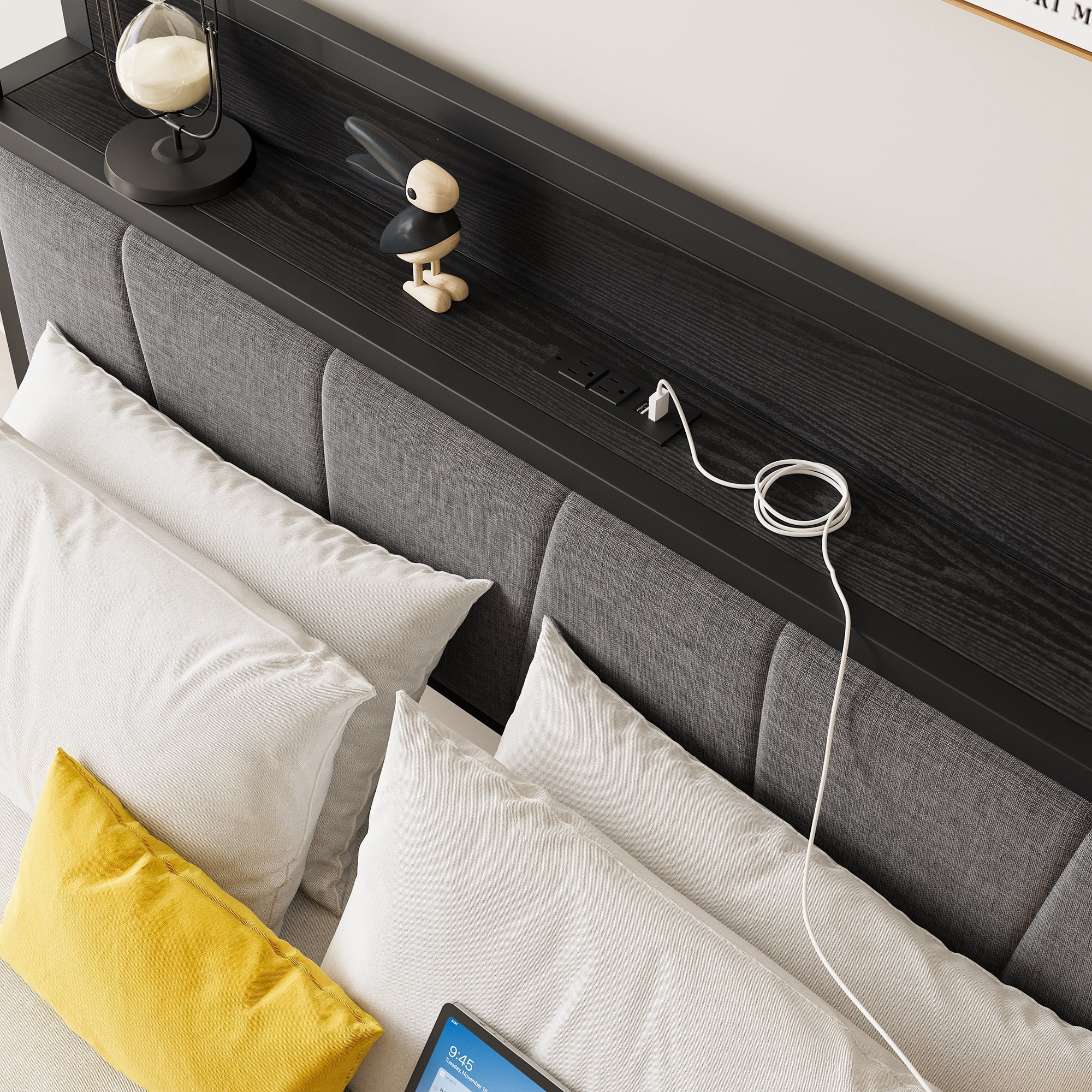 Miniyam Full Size Upholstered Bed with Storage Headboard & Charging Station for Adult, Black