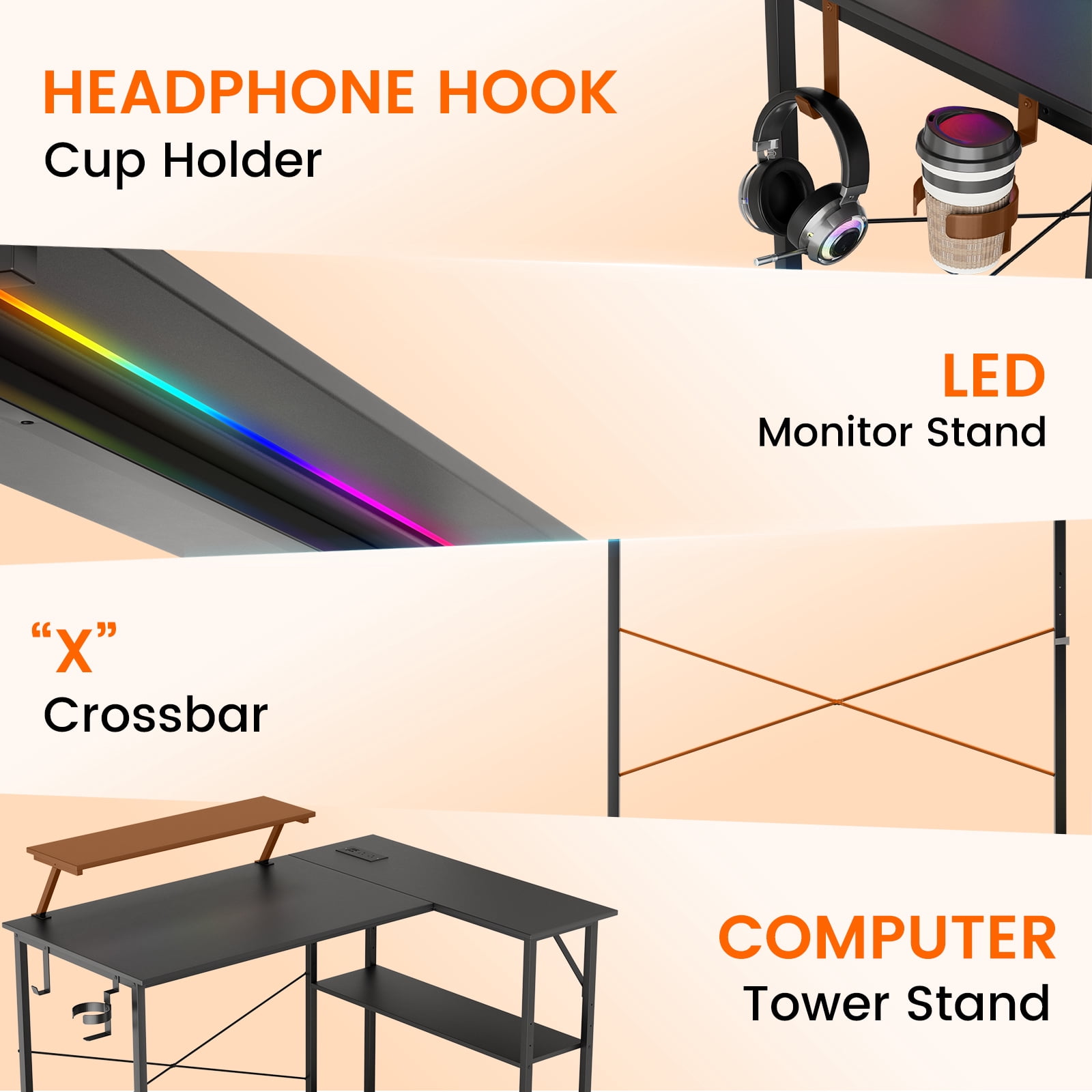 CLOUDREST PTO 42" L-Shaped Office Desk with Power Outlets & RGB LEDs, Black