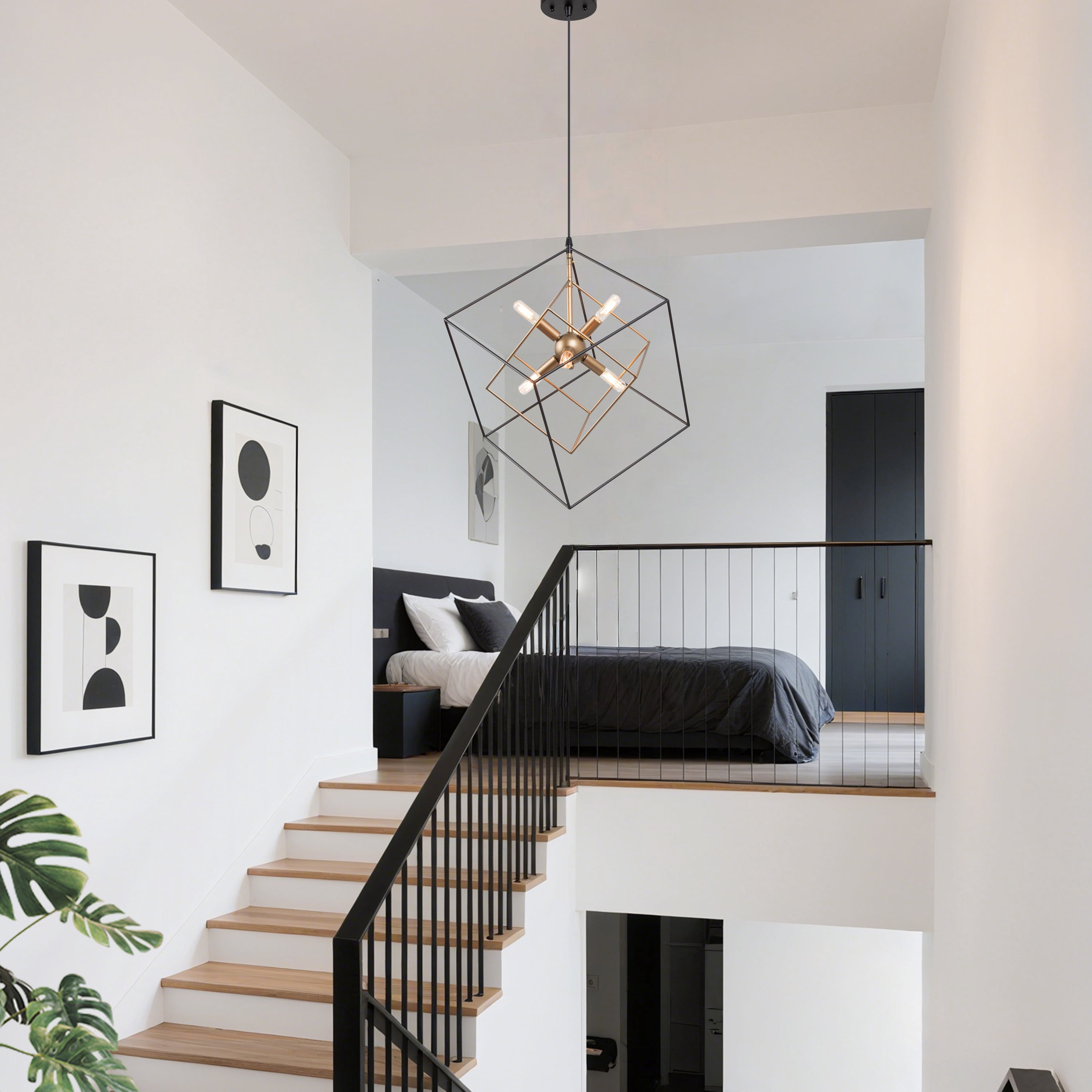 LNC 6-Light Matte Black and Gold Modern Cage LED Chandelier, for Kitchen Island