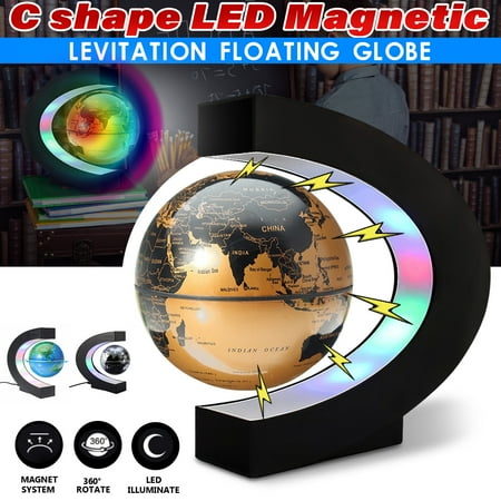 Metallic Silver Floating Globe - C Shape Acrylic LED World Map Decoration Anti Gravity Globe Magnetic Light Levitation Globe Home or Office Floating Globe Desktop Decoration Christmas Kid Gift