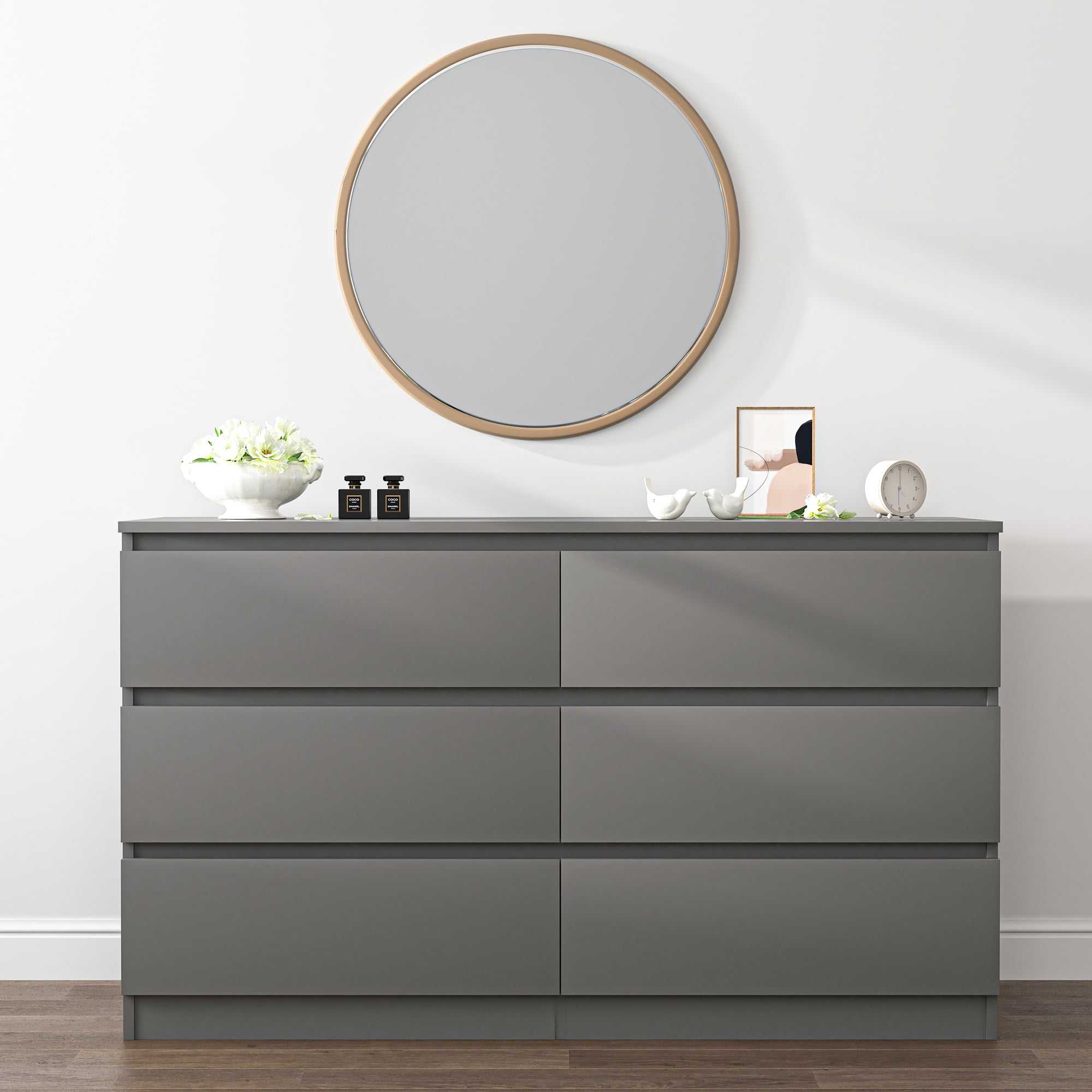 Resenkos Modern Mid Century 6 Drawer Wide Dressers Chests for Bedroom, Chest of Drawer Organizer Grey