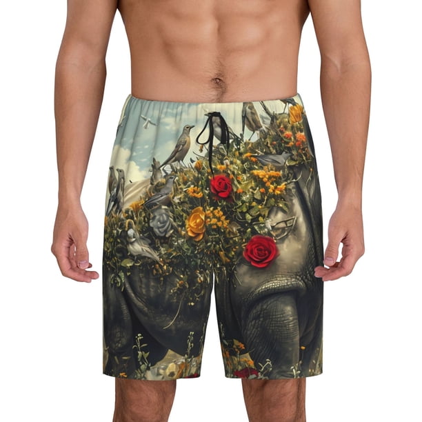 Fotbe Floral Rhino With Birds Pantalones Cortos de Pijama para Hombre, Ropa de Dormir, Pantalones de Pijama Cortos para Hombre-Large