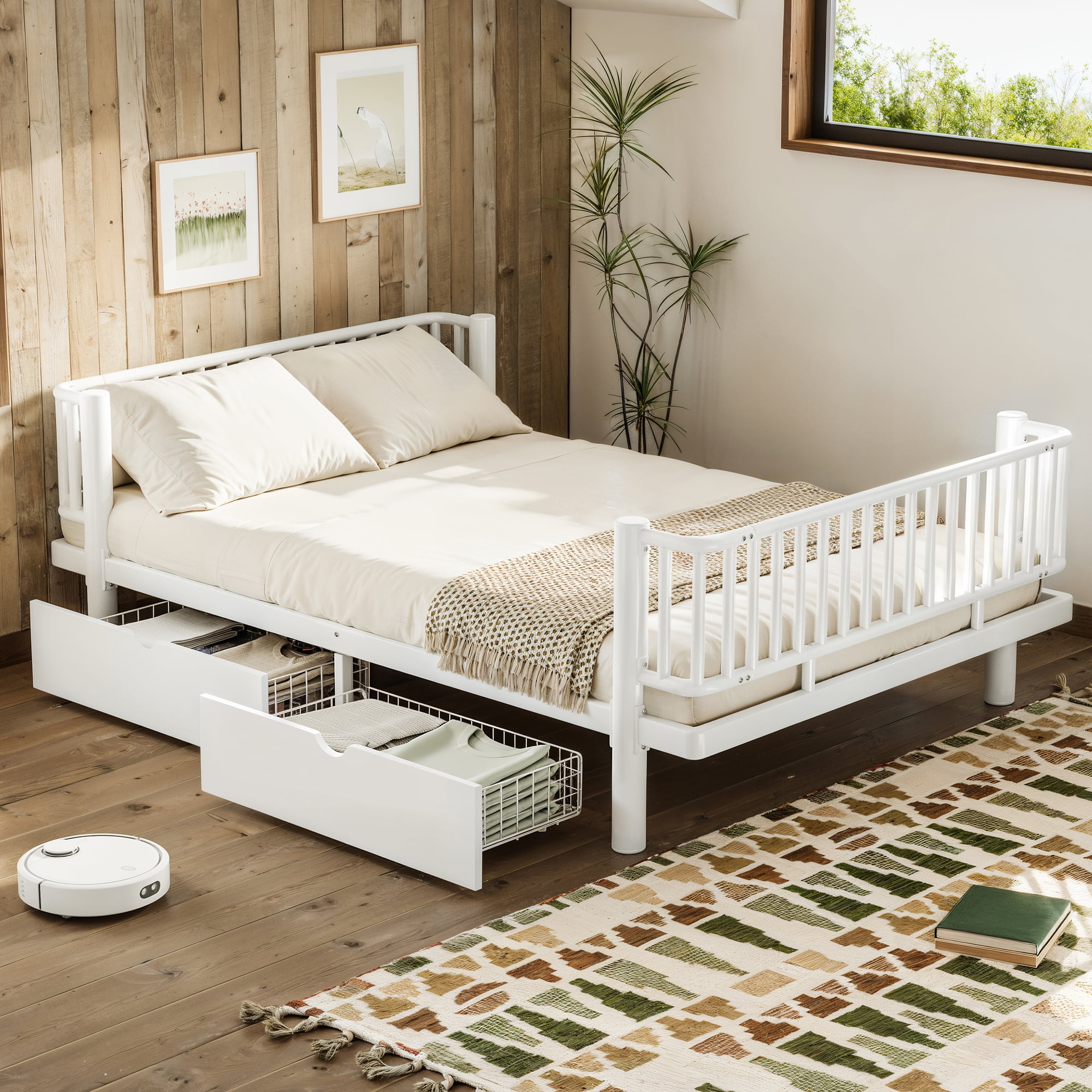 Leumius Full Size Platform Bed Frame with Storage Drawers, Metal Daybed Frame with Upgraded Safety Round-Pipe Design, Low Profile Design for Teens Adults White