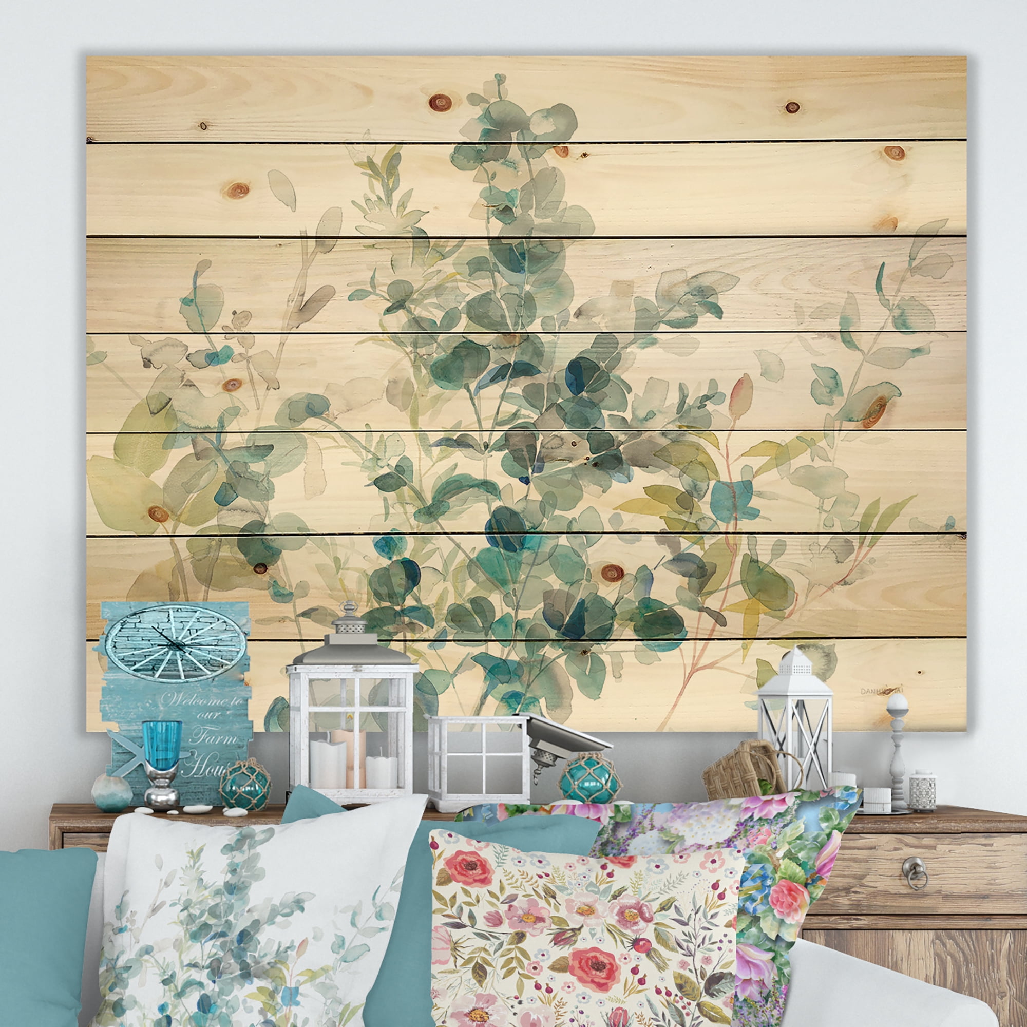 Designart 'Eucalyptus Natural Element On White' Farmhouse Print on Natural Pine Wood