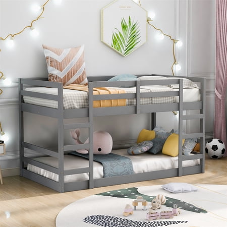 Twin Over Twin Bunk Bed Frame  Wood Bunk Bed with Ladder & Full-Length Guardrail  Twin Bunk Beds for Teens Adults Bedroom  No Box Spring Needed  77.4” L x 42.4” W x 48”H  Gray