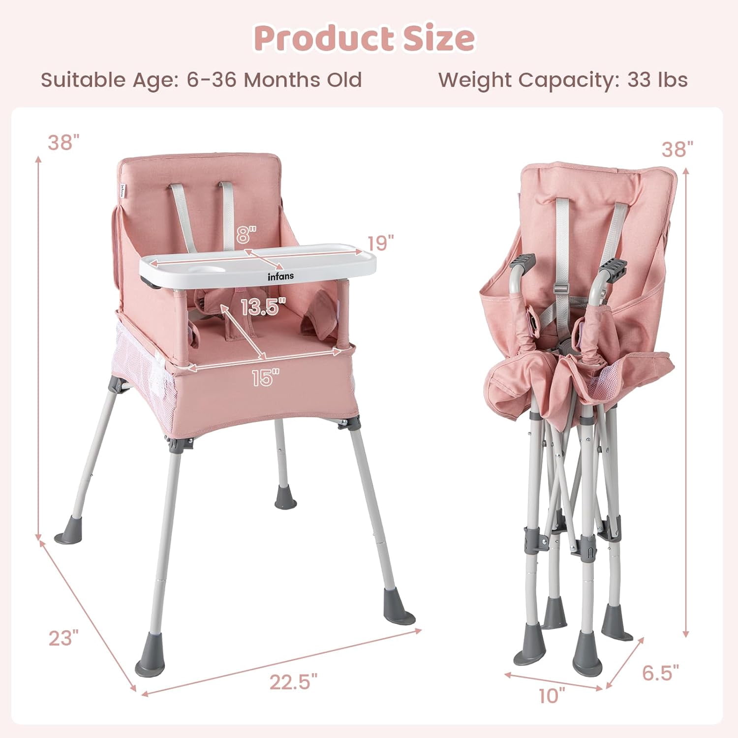 INFANS Baby High Chair, Foldable Portable Highchair for Babies and Toddlers with Travel Bag Adjustable Tray, 5 Point Harness, Compact Space Saver Infant Feeding Chair for Age 6-36 Months