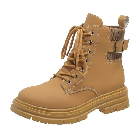

Ladies Casual Comfort Boots Shoes Fashion Autumn And Winter Women Ankle Boots Thick Sole Non Slip Lace Up Round Toe Solid Color Comfortable