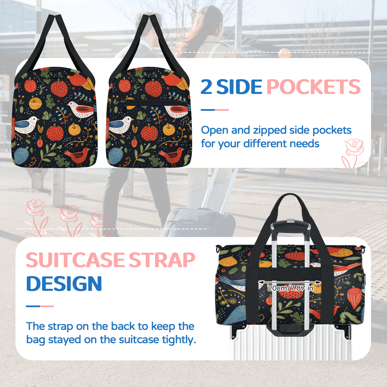 Herdesigns Colorful Birds Gym Bag for Women, Duffle Bag for Travel Sport, Fruit and Bird Lightweight Waterproof Carry on Weekender Dance Yoga Workout Bags