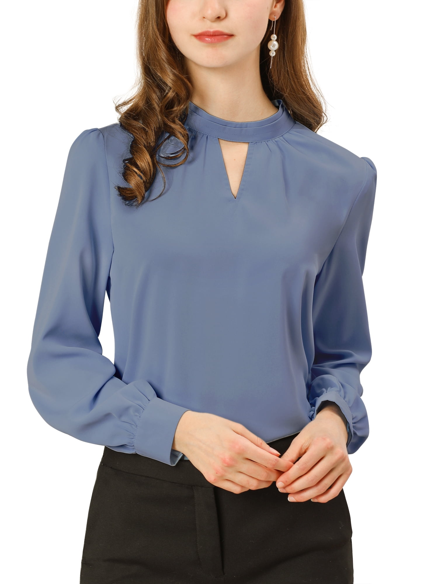 DARING DIVA Women's Stand Collar Long Sleeve Office Blouse L Dark Blue