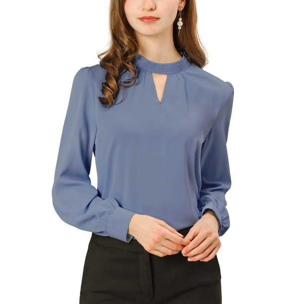 Blusa de botón con cuello de pie y pliegues para mujer INSPIRE CHIC XL azul oscuro