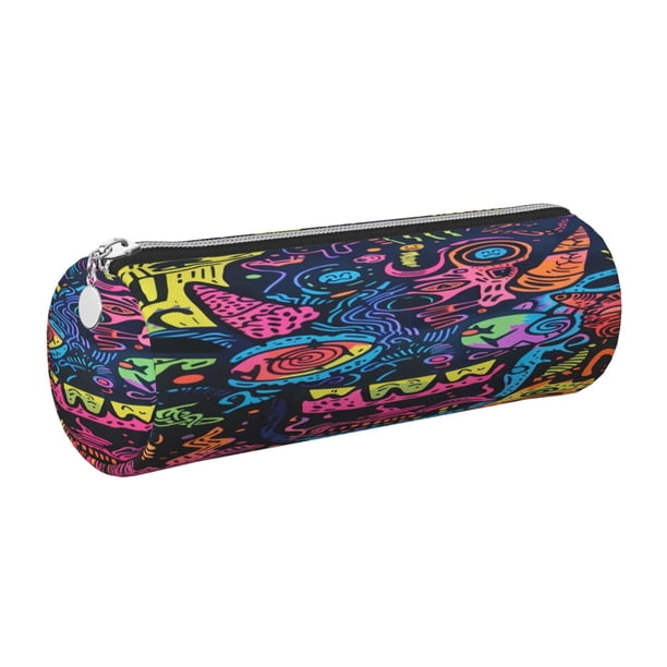 Easygdp Neon Graffiti Urban Art para Estuche de Lápices Cilíndrico de Cuero con Cremallera, Organizador de Lápices de Cuero para Escuela, Oficina y Viajes