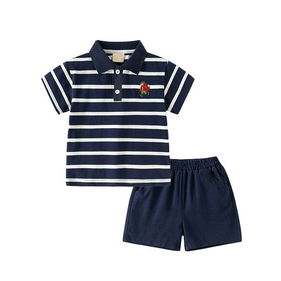 Toddler Outfits for Boys Toddler Boys Summer Short Sleeve Stripe Tops Holiday T Shirt and Shorts 2 Piece Suit Baby Outfits Navy 18 Months-24 Months