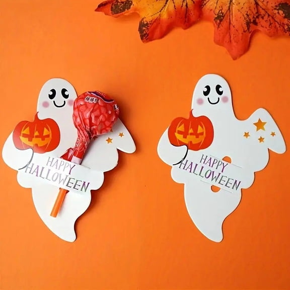 Gallickan 50Pcs Halloween Lollipop Paper Cards, Ghost Pumpkin Pattern Paper Candy Holders, Candy Wraping Decorations For Christmas Party Supplies